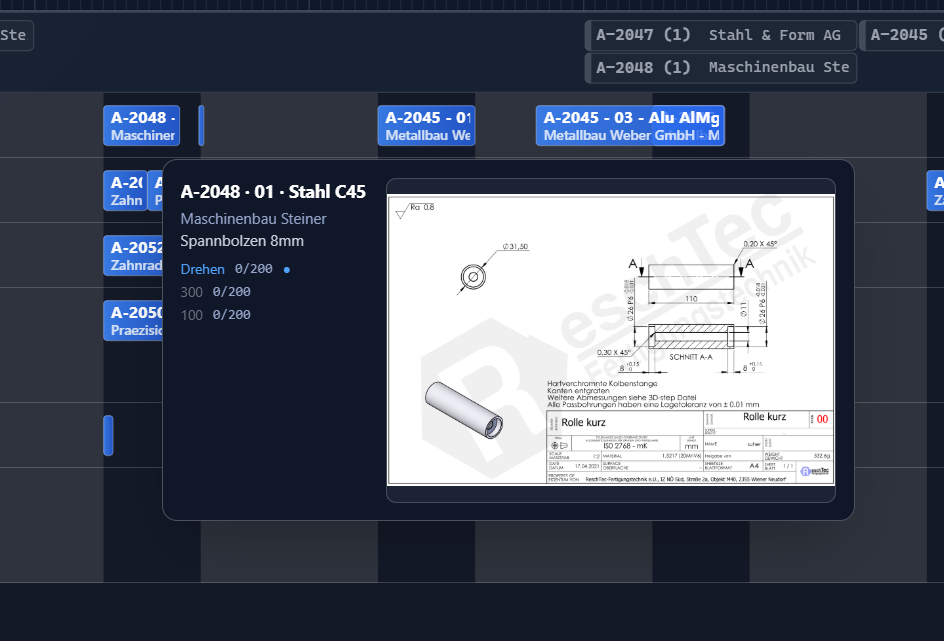 Gantt-Board mit Zeichnungsvorschau im Auftrags-Popup
